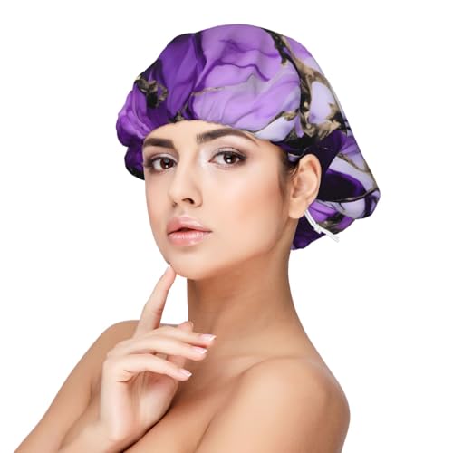 Gorro de dormir de satén para adultos, diseño de mármol morado, elástico para mujer, cubierta ajustable para peinados, color negro, talla única
