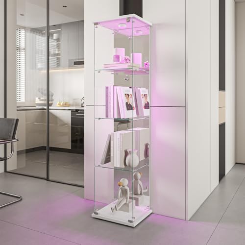 Vitrina de cristal con LED, armario escaparate para colección con 1 puerta 4 estantes transparente gabinete vitrinas de cristal estatuilla armario salón bar (4 pisos 1 puerta+LED efecto espejo, blanco