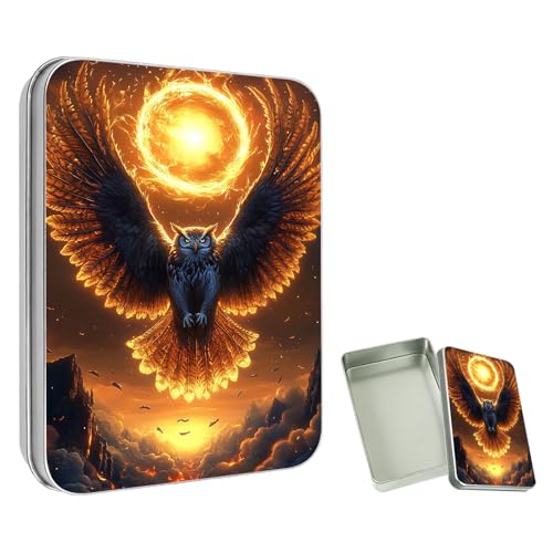 ETLKJVBL Mini Pocket Metal Tin with Lid, Owl with Fiery Halo 3.5'x2.4'x0.7' Small Portable Pill Box & Mint Case - Cute EDC Travel Organizer for Earbuds, Jewelry & Coins