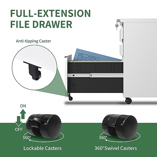 BIZOEIRON 3 Drawer Mobile File Cabinet, Under Desk Metal Filing Cabinet with Lock and Wheels, Rolling File Cabinet for Home Office Legal/Letter/A4 File (White)