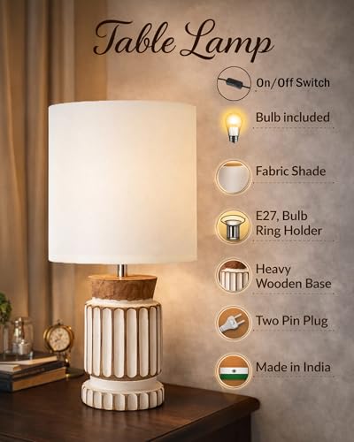 Image of Homesake Wooden Table Lamp | Handcrafted Bedside & Living Room Lamp | Bulb Included | Warm Light | Desk Nightstand Light, Decor Lamp for Bedroom, Study & Home Decor, (KD Off-White Drum)