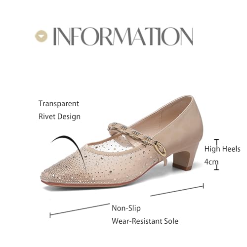 Mesh Rhinestone Mary Jane Shoes for Women's Low Chunky Heel Pointed Toe Breathable Kitten Heeled Comfortable Dress Pumps with Adjust Ankle Strap for Prom Wedding Party Sandals3