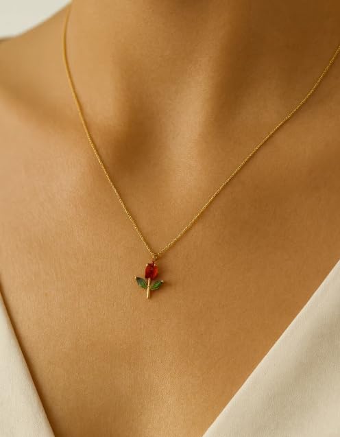 Image of Gold-Tone Rose Pendant Necklace for Women with Red Crystal, Floral Charm Chain Stainless Steel Anti Tarnish Waterproof Hypoallergenic, Gift for Her