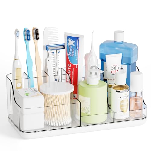 Yieach Bathroom Sink Organizer Rack,Countertop Toothbrush Organizers,7 Slots Family Size Tooth Brush Holder Set for Kids,Electric Toothbrush,Toothpaste,Toiletry Holder and Mens Vanity Organizer,White