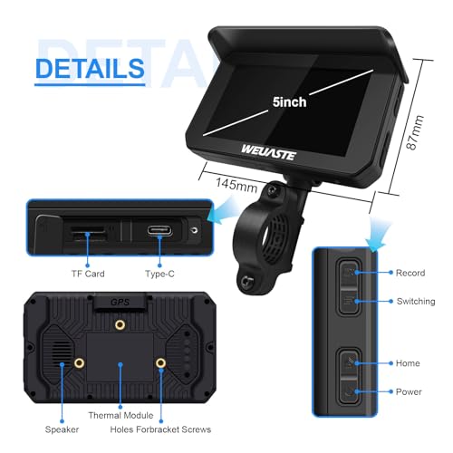 Weuaste Portable 5" Wireless Motorcycle Carplay (Include 128 GB TF) with 1080P Dual Motorcycle Dash Cam/Camera (IMX307 Chip), GPS Navigation System, TPMS, IPS Waterproof Touch Screen, Bluetooth