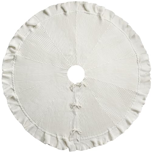 48-Inch Ruffled Sweater Knit Christmas Tree Skirt with Lace Ties, Cream White by Starry Dynamo - Image 2