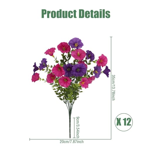 12 Bundles Artificial Flowers for Outdoors Decoration, Fake Silk Morning Glory Flowers Faux Eucalyptus Plants UV Resistant for Patio Garden Home Decor (Hot Pink+Purple) image 1
