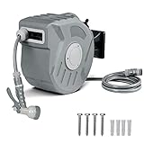 iropro Wall Mounted Retractable Garden Hose Reel with 20M + 2M Hose, 9 in 1 Pattern Nozzle, Automatic Rewind, Grey