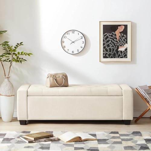 Image of Storage Ottoman Bench with Safety Hinge | Upholstered Tufted End of Bed Bench with Hidden Storage | Bedroom Living Room Entryway Seating | Modern Rectangular Footrest Seat | Fabric Bench Beige