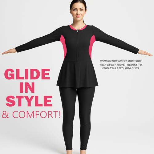 Image of Hacer Frock Style Swimwear with Padde Full Sleeve Bodysuit Swimming Costume Full-Length One Piece Swimsuit for Pool Beach Women (M, 34, Black)