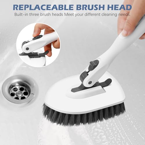 Image of SetSail Floor Scrub Brush, 3-in-1 Tile Tub Floor Scrubber with 52-inch Adjustable Long Handle Shower Cleaner Brush and 3 Detachable Replacement Brush Heads for Cleaning Bathroom Tub Tile, White Grey