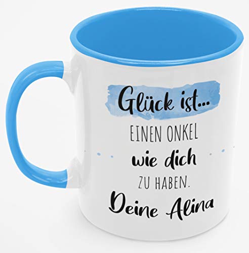 Personalisierte Kaffee-Tasse (Glück ist...) mit eigenen Wunschname. Für den besten Onkel der Welt. Schönes Geschenk oder kleine Aufmerksamkeit (Bester Onkel #2, Blau/Blau) Cover