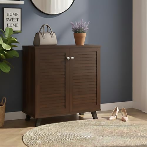 Image of LERIMO 2-Door Engineered Wood Shoe Rack, 4-Tier Wooden Shoe Rack for Entryway, Shoe Storage Cabinet with Doors Adjustable Shelves, Wooden Shoes Rack Organizer (Walnut, 2 Door)