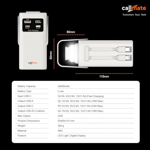Image of CALLMATE Tripmate 20000mAh 23W Fast Charging Power Bank, USB-C PD + USB-A QC Output with Detachable Type-C & Lightn-ing Cable (LED Foldable Light with Digital Display)(Off-White)
