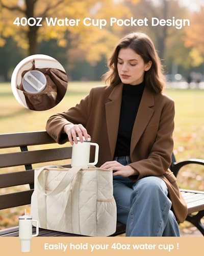 LOVEVOOK Puffer Tote Bag for Women with Cup Holder,Large 15.6in Laptop Work Tote Bag with Zip for Daily,Travel, light Quilted Nurse Teacher Shoulder Bag,2pcs - Image 2