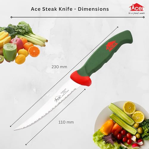Image of AcE Steak Classical Serrations Knife, Multicolour, 420J2 Surgical Stainless Steel, 54-55 HRC, Long-Lasting Edge, Multicolor Hygienic Ergonomic Handles, Perfect for Tomatoes, Fruits & Soft Vegetables