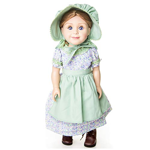 THE QUEEN'S TREASURES 18 Inch Doll Clothes, Little House on The Prairie 3 PC Purple and Green Calico Summer Dress, Hat, and Apron, Intended for Use with American Girl USA Brand, Tariff Price, Sorry!