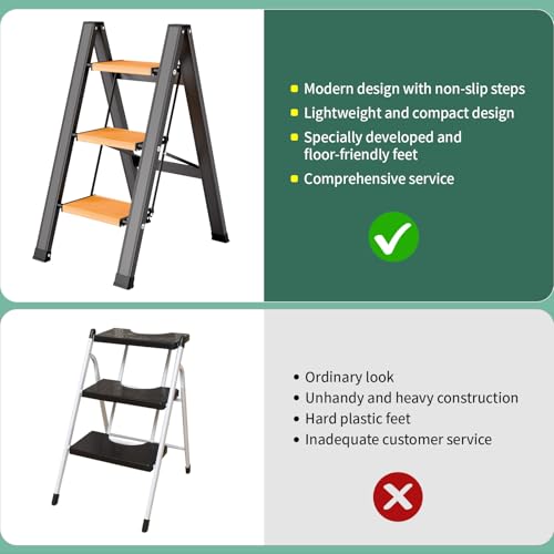 KULACO Trittleiter 3 Stufen Klappbar, Aluminium Klappleiter mit Rutschfesten Pedal, Tragbare Klapptritt bis 150 kg, stilvolle Leichte Haushaltsleiter, Multifunktionsleiter für Küche, Bad, Camping