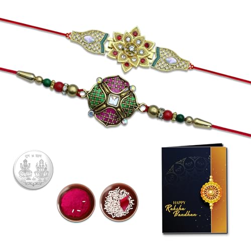 Image of Oblivion Gold Tone Kundan Flower Rakhi Set of 2 for Brother with Silver Colour Pooja Coin, Tilak Set and Greeting Card for Raksha Bandhan Celebration