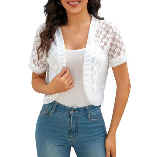 FindThy Women’s Cropped Bolero Shrugs Short Sleeve Open Front Floral Lace Hollow Out Cardigan Jacket(4063-White-M-aLB)