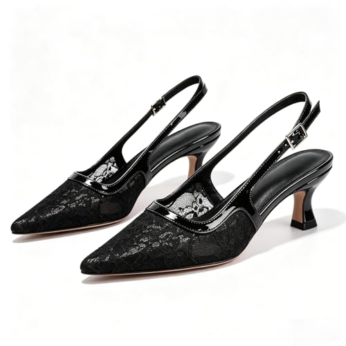 Image of KysBloes Pointed Toe Slingback Kitten Heels for Women Low Heel Pointed Toe Pumps Formal Dress Shoes Sling Back Heels