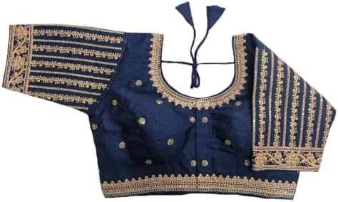 Pujia Mills Women's Readymade Blouse Embroidery Multi Coding Gold Thread Indian Ethnic Designer Stitched Readymade Saree Half Sleeve Blouse for Women for Saree Lehenga Choli