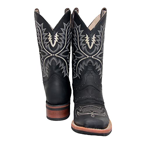 Men’s Black Genuine Leather Mid Calf Square Toe Cowboy Boot3