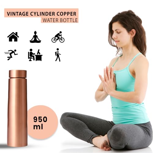 Image of Tambra Pure Copper Matt Cylinder Design Water Bottle with Advanced Leak Proof Protection and Joint Less With Matt Finish Look | Ayurveda and Yoga Health Benefits | (950 ml, Pack of 2)