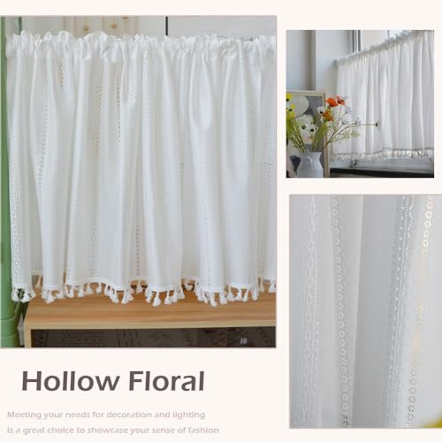 Cenefa de cortina para salón blanca con bordado de flores francesas y borlas 6
