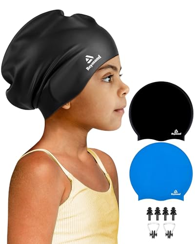 Reymand 2 Pack Kids Extra Large Swimming Cap for Long Thick Hair Waterproof Silicone Swimming Hat for Toddler Child Youth Girls Boys Durable Swim Cap Bathing Caps for Braids Afros(Black+Blue)
