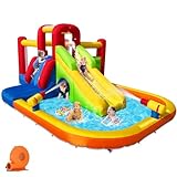 Hongcoral Bounce House Inflatable Water Slide for Kids, Water Park With Splash Pool, Double Cannon, 2 Climbing Walls, Obstacles, Blow Up Jumping Castle With Blower