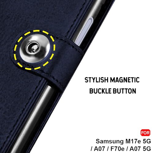 Image of TheGiftKart Flip Cover Back Case for Samsung Galaxy M17e 5G / A07 / F70e / A07 5G | Genuine Leather Finish | Designer Button | Inbuilt Pockets & Stand | Flip Back Cover Case (Faux Leather, Blue)