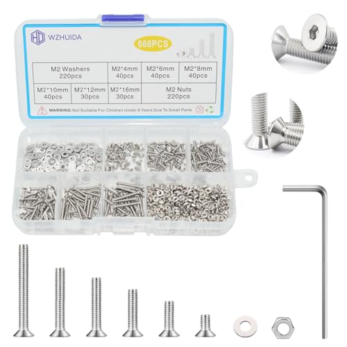 WZHUIDA 660 Stück M2 Schrauben Set, Edelstahl Senkkopfschrauben Metrisch Innensechskant Schrauben Muttern und Unterlegscheiben Sortiment Set, Gewindemaschinen Sechskantschrauben