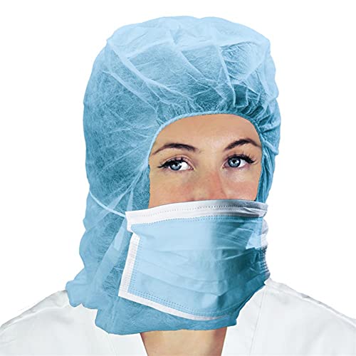  Cappucci monouso in TNT di polipropilene (PP) 20 g/mq, con mascherina integrata, tg. unica, conf. 50 pz, colore azzurro