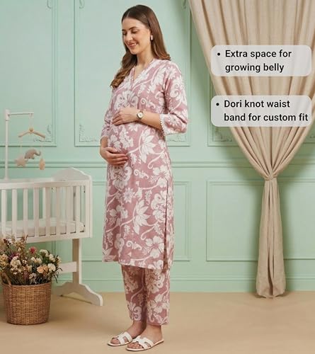 Image of DUMMY SHAPE Maternity Dresses for Women Cotton | Floral Kurta Pant Dupatta Set with Nursing Zippers, Side Pocket | Pre & Post Pregnancy | Feeding Kurti Suit | Baby Shower | Gifts for Pregnant Woman