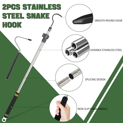 Image of 2pcs Snake Hook Set, Telescopic Snake Catcher Stainless Steel Snake Handling Tool for Moving Ball Rattlesnakes Python Copperhead with Long Handle (35-64inch&26inch)