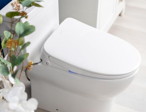 Image of ALPHA BIDET iX Pure Bidet Toilet Seat in Elongated White | Ultra Low Profile | Endless Warm Water | Arced Stainless Steel Nozzle | Blue LED Nightlight | Dryer