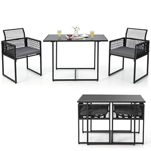 COSTWAY 3tlg. Gartentisch Set mit 2 Rattan Gartenstühlen, Bistroset inkl. Sitzkissen, Gartengarnitur Balkonset platzsparend, Terrassenmöbel Sitzgruppe für Balkon und Garten