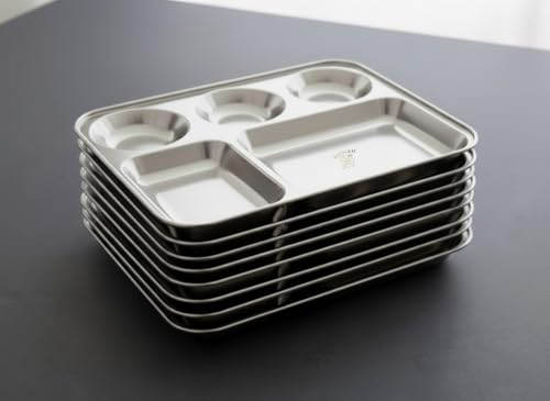 Image of MOHAM Stainless Steel Rectangular Partition Plate 5 in1 /Bhojan Thali /Compartment Plate /Steel Thali /Dinner Plate Pack of 8 for Breakfast /Lunch /Dinner /Pav Bhaji Plates