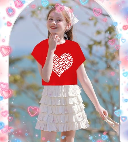 Image of Tkria Girl Crop Tops Valentine Short Sleeve Tshirt Tie Dye Heart Teen Girls Shirt Clothes 6-14 Years