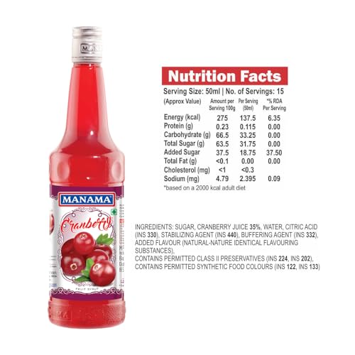 Image of Manama Cranberry Fruit Syrup | Mixer for Mocktails, Cocktails, Drinks, Juices, Beverages | Non Alcoholic Mix 750ML Bottle