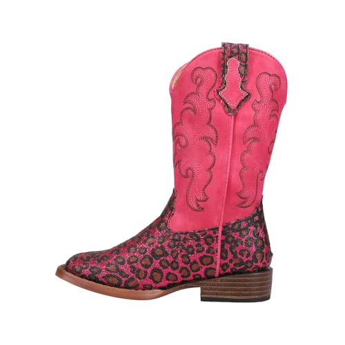 ROPER Kids Girls Wild Cat Embroidered Glitter Leopard Square Toe Casual Boots Mid Calf - Pink3