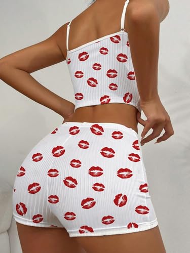 Image of Hilinker Womens Graphic 2 Piece Pajama Set Summer Cute Crop Cami and Shorts Ribbed Lounge Sets