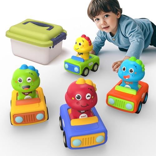 HRZPACT 4PCS Big Press and Go Car Toys for Toddlers 1-3,Baby Animal Race Cars with Big Storage Box Infant Toys Push Go Friction Dino Car Learning Toys for Toddlers 1-3