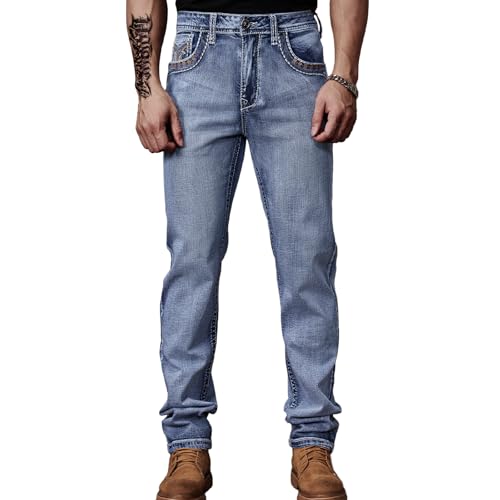 Mens Bootcut Jeans Cowboy Jeans for Men with Comfort Flex Waist Stretch Denim Casual Jeans Unique Design Classic Fit for Men (US Waist 34 Regular Blue)