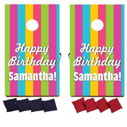 VictoryStore Cornhole Games Custom Birthday Bag Toss Game Custom Birthday Cornhole 8 Bags Included (Rainbow Stripes)