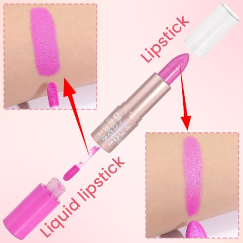 Image of evpct 2 in 1 Hot Pink Glitter Metallic Shimmer Diamond Lipstick and Lip Gloss Set for Women Long Lasting Waterproof, Rose Pink Sparkle Glitter Shiny Lipstick and Lip Liner Makeup Set, 04#