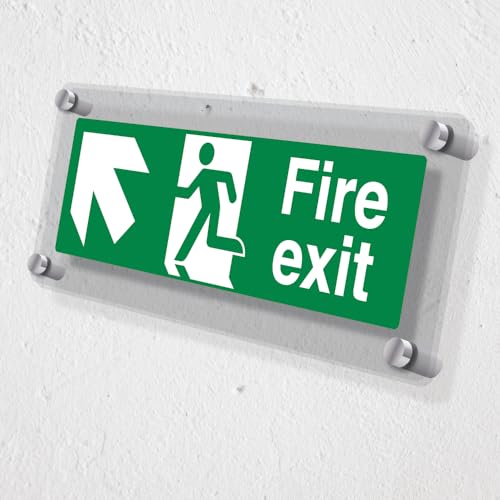 V Safety Fire Exit Arrow Up Left - 450 x 150 mm - Acrylic Perspex Cast Clear Safety Sign, Green - Image 2