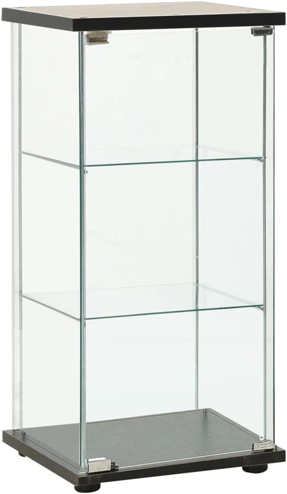 Black Tempered Glass Storage Cabinet with 3 Clear Shelves Modern Display Furniture for Living Room Bedroom Organizer