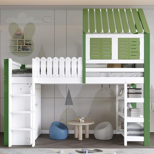 BNUZ Cama alta 90x200, cuna con reja anticaídas, con techo y ventana, amplio espacio de almacenamiento con armario,Estantería de almacenamiento abierta de tres capas,Escalera de tres niveles,Pino+MDF+